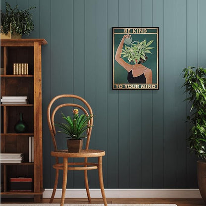 Framed Art Vintage Be Kind To Your Mind Poster Mental Health Quote Canvas Wall Art Cool Poster Unique Green Plant Girl Print Painting Retro Home Wall Decor Picture for Women Bedroom 12x16in