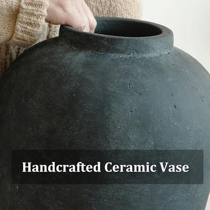 Large Ceramic Vase, 11" Rustic Farmhouse Terracotta Vase for Home Decor, Handicraft Decorative Flower Vase for Living Room, Table Centerpiece, Bedroom (Rustic Black)