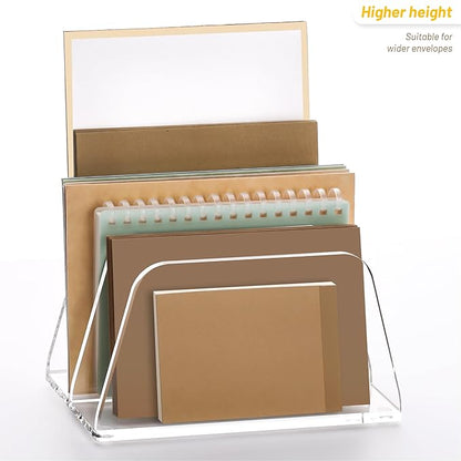 SANRUI Acrylic Mail Organizer for Desk Vertical Letter Holder Clear Bookshelf 2-Slots, Small File Sorter for Bills, Envelopes, Office Supplies, Upright Binder Divider for Home Office School