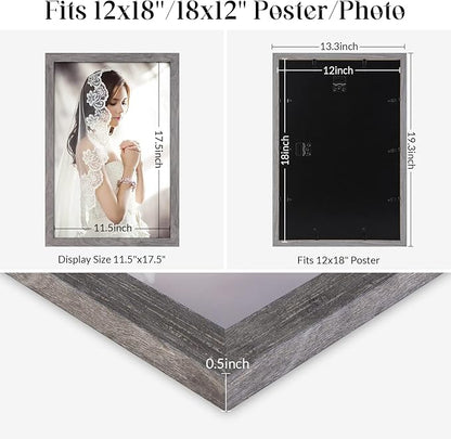 Natural 12x18 Frame Rustic Grey, Retro 18x12 Picture Frame, Gray 12 by 18in Canvas Poster Frame, Large Gallery Concert Portrait Photo Frame, Anniversary/Wedding/Birthday/Thank you/Christmas Gift