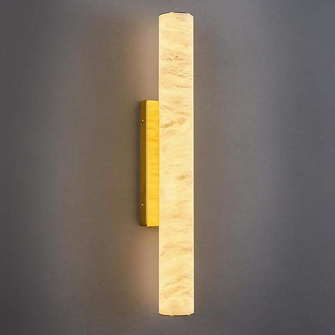 LMQNINE Natural Alabaster Wall Sconces Spanish Marble Wall Light Cylinder Modern Gold LED Sconce for Living Room Bedroom Bathroom Stairs（M-1Pack）