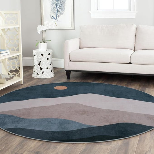 6ft Abstract Round Rugs for Bedroom,Soft Washable Non-Slip Large Circle Rug,Chic Faux Wool Mountain Low-Pile Carpets for Kidsroom/Nursery/Living Room/Classroom(Blue)