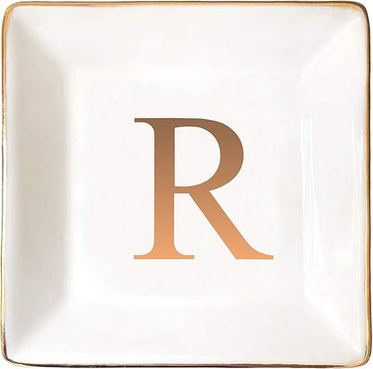 ANOTION Jewelry Tray Ring Dish with Ini-tial Gift- Personalized Trinket Dish and Jewelry Dish with Gold Initials Key Bowl Ceramic Holder, Unique Wedding or Engagement Present