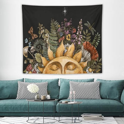 Vintage Sun Tapestry Wall Hanging,Hippie Boho Mushroom Floral Plant Tapestries for College Dorm Living Room Bedroom Decor(50"x60")
