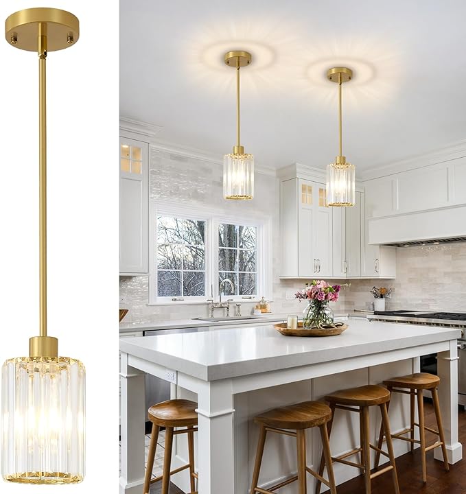 2 Pack Gold Pendant Lights for Kitchen Island, Modern Crystal Kitchen Hanging Light Fixtures, Mini Crystal Pendant Lights for Kitchen, Dining Room, Hallway, Foyer, Entryways