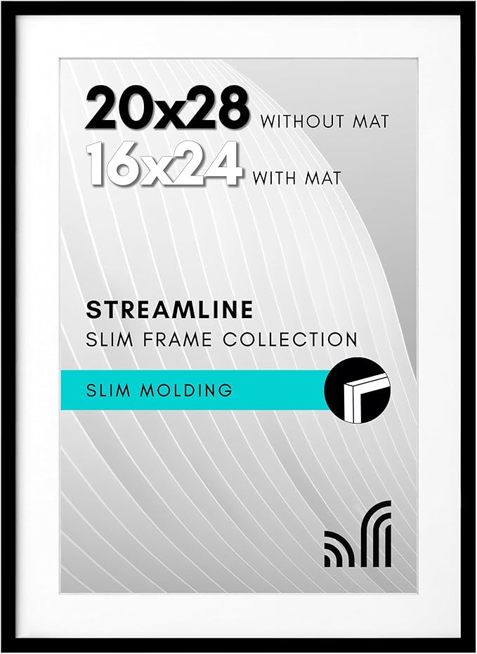 Americanflat 20x28 Picture Frame with Polished Plexiglass - Use as 16x24 Frame with Mat or Display 20x28 Photo Without Mat - Streamline Collection - Thin Border Picture Frames for Wall - Black