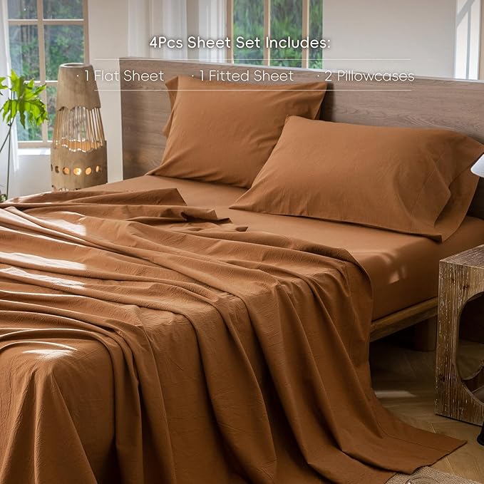 MooMee Bedding Sheet Set 100% Washed Cotton Linen Like Textured Breathable Durable Soft Comfy (Solid Dark Orange, King)