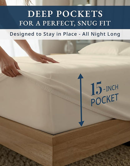 100% Egyptian Cotton Queen Size Bed Sheet set - 1000 Thread Count Sheets, Ultra-Soft Hotel Luxury Comfort with 15" Deep Pocket, Naturally Breathable & Durable Winter Queen Bed Sheets Set - Ivory