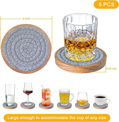 Drink Coasters Set of 5, Coasters for Drinks Absorbent, Wood Coasters for Coffee Table, Housewarming Gift for Farmhouse Home Decor,4 inches (Brown & Gray)