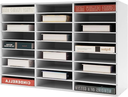 Literature Organizer with 27 Compartments | Adjustable Desktop File Sorter Mail Center for Home, Office & Classroom | PVC Paper Storage Cabinet with Shelves, White