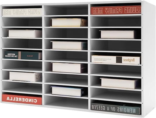 Literature Organizer with 27 Compartments | Adjustable Desktop File Sorter Mail Center for Home, Office & Classroom | PVC Paper Storage Cabinet with Shelves, White