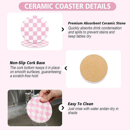 2 Pack Ceramic Absorbent Coasters for Drinks, Heat Resistant Drink Coasters for Desk, Pink Coaster Set for Coffee Table, Non-Slip Cup Coaster with Cork Backing, Posavasos for Kitchen Home Decor Gifts