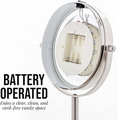 OVENTE 6" Lighted Makeup Mirror with 1X/7X Magnification, Cordless Tabletop Mount Vanity Round Mirror with 360° Swivel Design and Double Sided Cool Tone LED Ring Light, Nickel Brushed MLT60BR1X7X