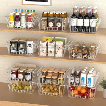Slideep Stackable Storage Baskets Stainless Steel Cabinet Organizer Sturdy Metal Wire Pantry Freezer Bin for Pantry Home Bathroom Kitchen Organization 6 Packs