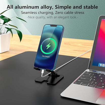 Amzpas Adjustable Cell Phone Stand Metal, Foldable Desktop Cellphone Stand with Anti-Slip Base and Convenient Charging Port, for Phone 17 16 15 14 13 12 11 Pro Xs Xs Max Xr X 8, All Phones
