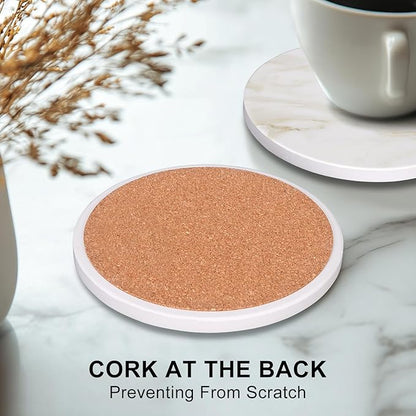 White Marble Style Ceramic Coasters Set of 6 with Holder Modern Coffee Table Decor Drink Coaster Gifts Absorbent Stone Coasters for Rustic Farmhouse Bar