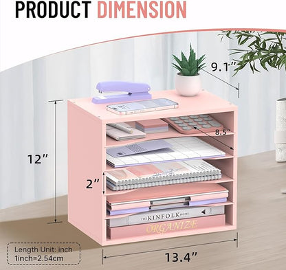 5-Tier Wood Desk Organizer, Paper Tray Organizer for Desk with Adjustable Storage Shelves, Desktop File Organization Paper Sorter Mail Holder for Office Home Classroom, Pink