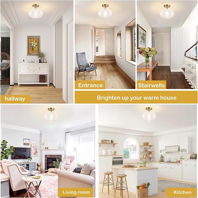 Gold Semi Flush Mount Ceiling Light Fixture,Hallway Light Fixtures,Industrial Close to Ceiling Mount,Globe Glass Ceiling Fixture,Vintage Ceiling Lamp,Farmhouse Lighting for Bathroom Entryway Bedroom
