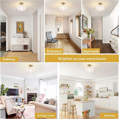 Gold Semi Flush Mount Ceiling Light Fixture,Hallway Light Fixtures,Industrial Close to Ceiling Mount,Globe Glass Ceiling Fixture,Vintage Ceiling Lamp,Farmhouse Lighting for Bathroom Entryway Bedroom