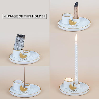 ZenBless Multifunction Incense and Candle Holder for Burning Sage, Palo Santo, Incense Sticks - 5.9" Ceramic Ash Catcher Tray for Meditation Room Home Decor (Gold)