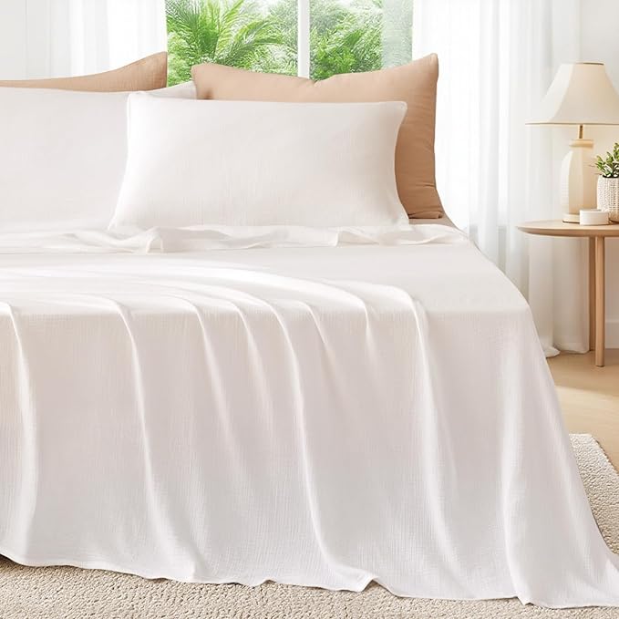 King Sheet Set Cotton Bed Sheets Gauze 4 Pcs White King Sheets Set 16" Deep Pocket Sheet & Pillowcase Sets Boho Muslin Sheets King Size Soft All Season Bedding Sets