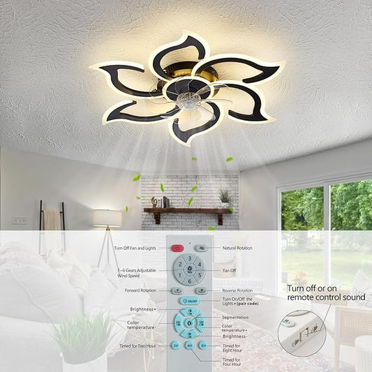 35" Black Modern Ceiling Fan with Light Remote Control, 3 Light Color 6 Speeds Samll Low Profile Ceiling Fan for Bedroom Kitchen