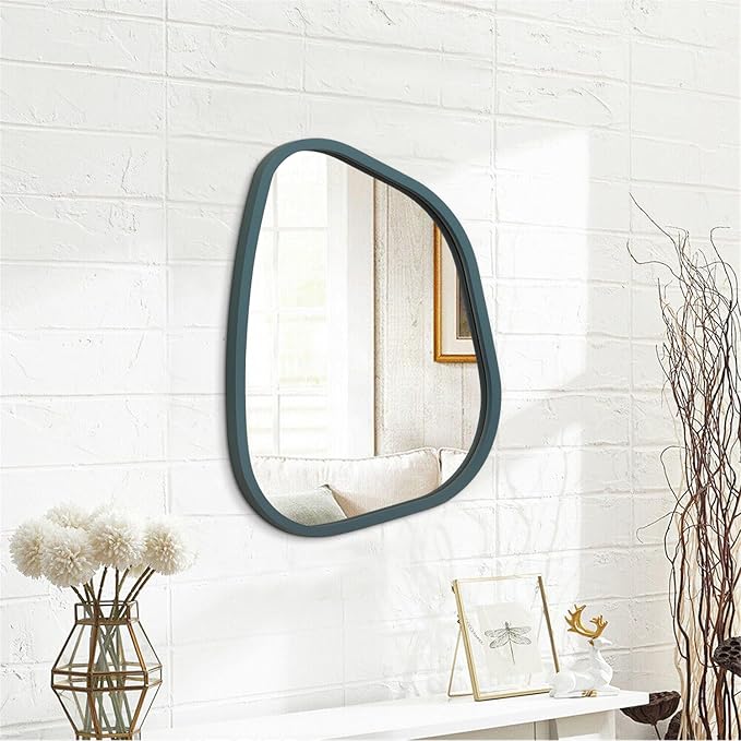 Irregular Wooden Framed Wall Mirror Modern Asymmetrical Unique Hanging Mirror Artistic Mirror Decor Bathroom Vanity Bedroom Living Room Entryway Hallway 16'' x 12''