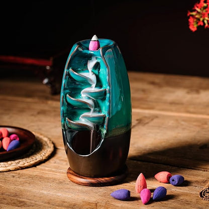 INONE Ceramic Incense Burner with 100 Upgraded Cones, Waterfall Backflow Incense Holder, Aromatherapy Ornament, Zen Decor, Home Decor, Room Decor (Cyan)