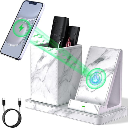 Multi-Functional Pencil Holder for Desk,marble Vegan Leather Organizers with Remote Control Holder,Pencil Holder Desk Organizer with Phone Wireless Charger for Office/Nightstand/Endtable