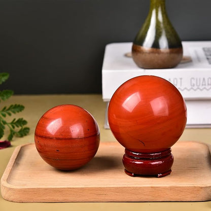 JIC Gem Red Healing Crystal Ball with Decoation Stand Red Jasper Gemstone Sphere Ball for Fengshui 、Meditation Energy Reiki Ball (100-110mm), 4-4.5inch