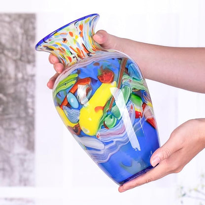 Glass Vases for Flower, Unique Hand Blown Blue Glass Vase, Modern Art Decorative for Home Living Room, Office, Table centerpieces, Bookshelves and Wedding Decorations (JG29)