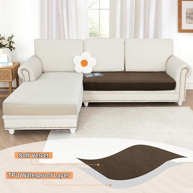 NAISI Waterproof Couch Cushion Covers Thick Velvet Fabric Washable Sofa Slipcovers 1 Piece Individual Sectional Couch Covers with Elastic Bottom(1 PC for 2-Seat Cushion or Loveseat,Caramel)