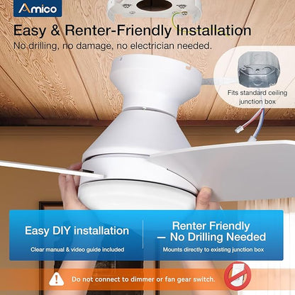 Amico Ceiling Fans with Lights, 52 inch Low Profile Ceiling fan with Light and Remote Control, Flush Mount, Reversible, 3CCT, Dimmable, Noiseless, White Ceiling Fan for Bedroom, Indoor/Outdoor Use