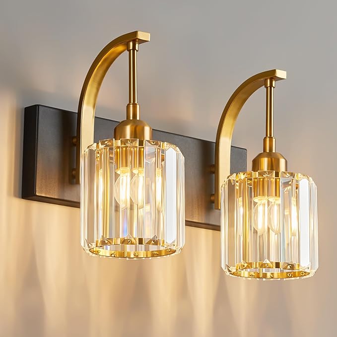 Bathroom Crystal Vanity Lights 2-Light Black Gold Wall Lamp Modern Crystal Bathroom Light Fixtures Over Mirror 13.77" Long Wall Sconce
