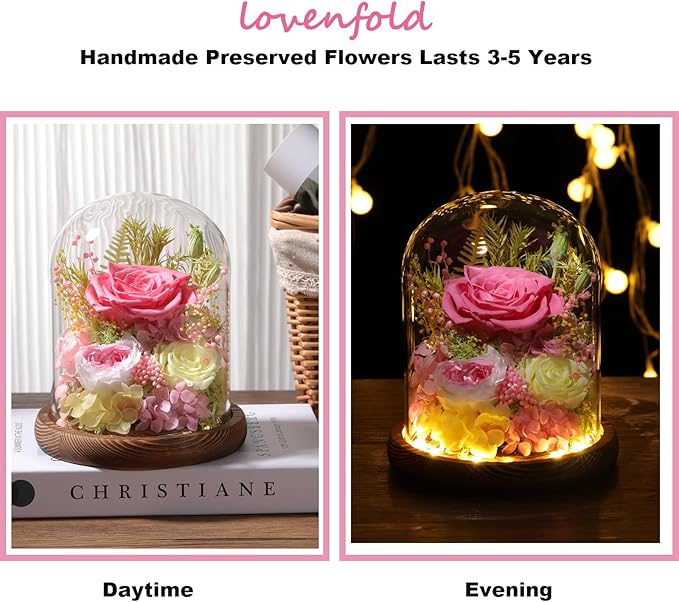 LOVENFOLD Flowers for Delivery Preserved Flowers Pink Roses with LED Light in a Glass Dome,Long Lasting Forever Flowers Birthday Gifts for Women Daughter Mom Wife Friend（Pink Rose）