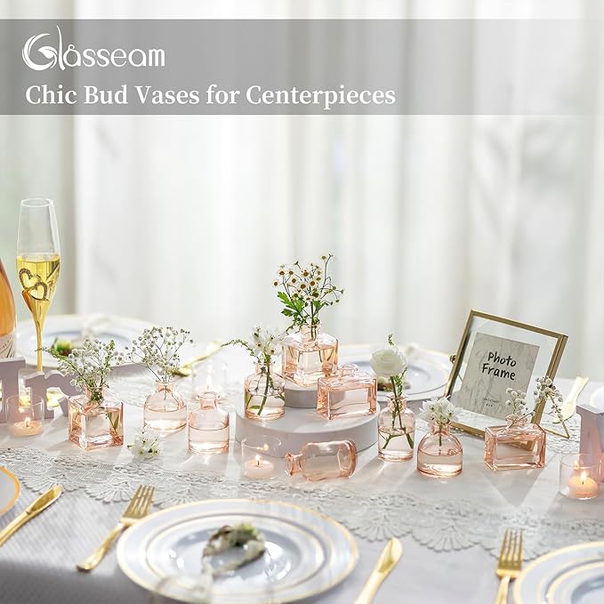 Glasseam Bud Flower Vases in Bulk: 40 Glass Cute Small Vases for Centerpieces Vintage Mini Wedding Birthday Party Table Centerpieces Tiny Baby Shower Dining Room Decoration Champagne