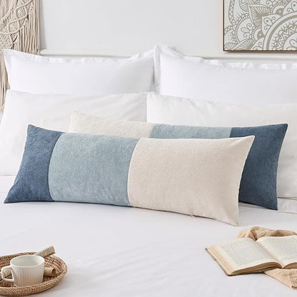 Kevin Textile 14x36 Inch Long Lumbar Cover 1 Pack Three-Colour Patchwork Soft Textured Waterproof Rectangle Cushion Elegant Accent Pillows for Couch Sofa Chair Bed Home Decor Indoor Outdoor Blue