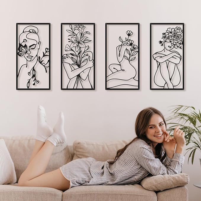 Bakovity Black Metal Wall Art, Abstract Woman Wall Decor, Minimalist Flower Line Decor, Modern Aesthetic Metal Wall Art for Bedroom Bathroom Living Room (4 Pcs, 17 x 9 in)