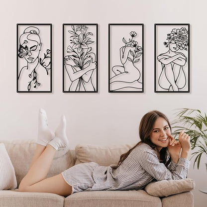 Bakovity Black Metal Wall Art, Abstract Woman Wall Decor, Minimalist Flower Line Decor, Modern Aesthetic Metal Wall Art for Bedroom Bathroom Living Room (4 Pcs, 17 x 9 in)