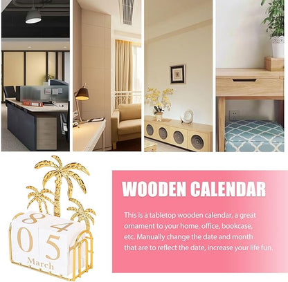 FUOYLOO Perpetual Calendar Vintage Wooden Block Calendar Month Date Display for Desktop Office Decor