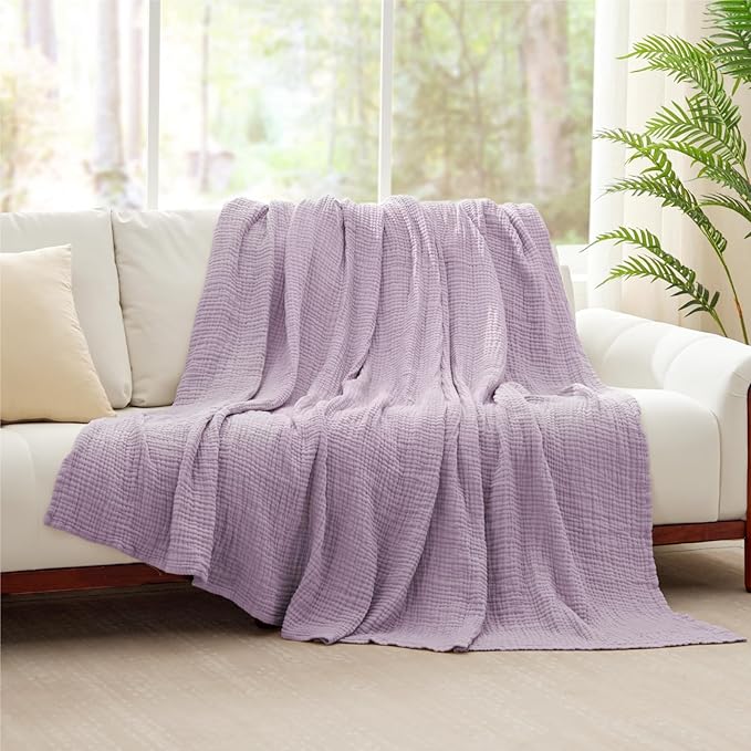 100% Cotton Muslin Blanket 50" x 60", Breathable and Lightweight Cotton Throw Blankets for Couch, Soft Cooling Summer Gauze Blanket for Adults All Season, Lavender