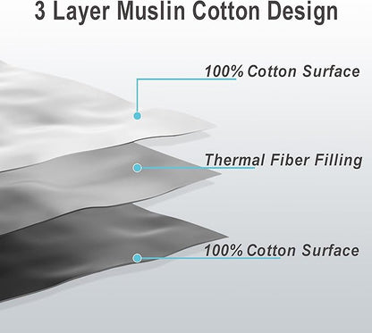 NTBAY 3 Layers Cotton Muslin 88x92 Queen Bed Blanket, Super Soft Breathable Thermal Yarn Dyed Quilt for Adults, Perfect Lightweight Blanket for Couch Sofa Bed All Seasons, Grey Wheat Waves