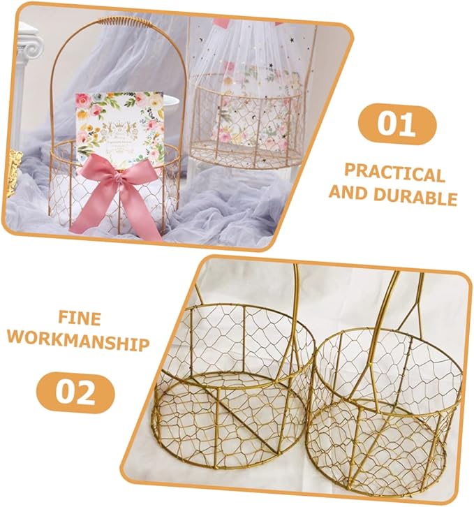 Flower Basket with Handle Decorative Iron Wire Storage Basket for Wedding Fruits Home Organization Stylish Round Design for Home Decor Present Giving