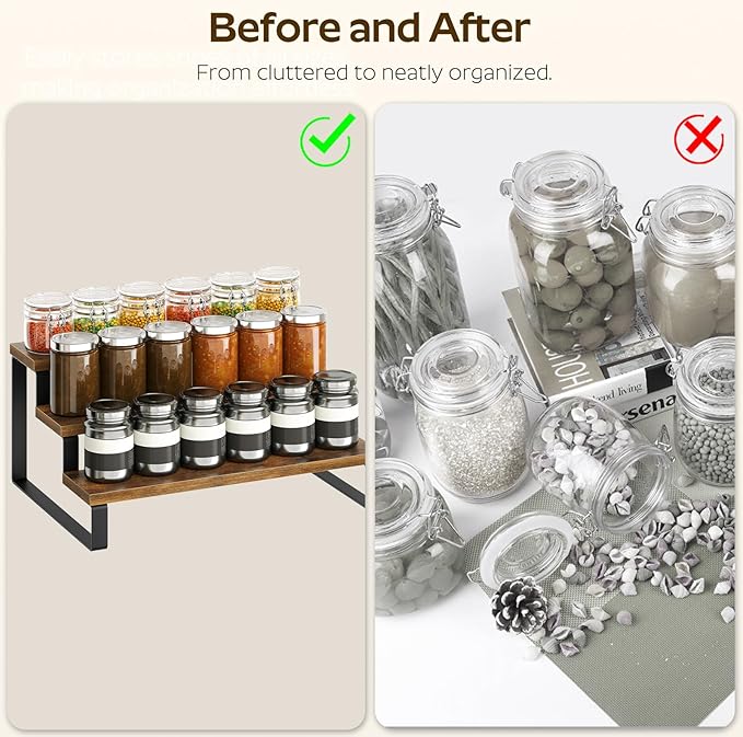 Spice Rack, 3 Tier Wooden Display Riser Stand, Kitchen Storage Organizer for Spices, Versatile Display Shelf, Space Saving, for Kitchen Countertop and Cabinet, Rustic Brown SR03L2BR