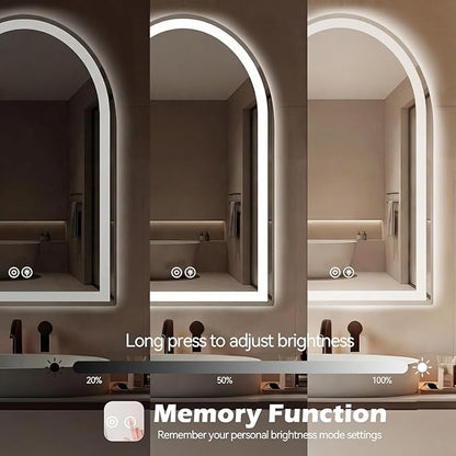 Sweetcrispy 28"×36" LED Bathroom Mirror with Lights, Arched Vanity Mirror with Anti-Fog, Dimmable, 3-Color Light, Memory Function, Tempered Glass