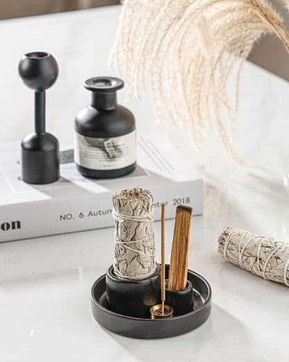 Ceramic Palo Santo and Sage Holder, Incense Holder for Palo Santo Sticks, Sage Burner Dish Stand with Ash Catcher, Modern Minimalist (Black)