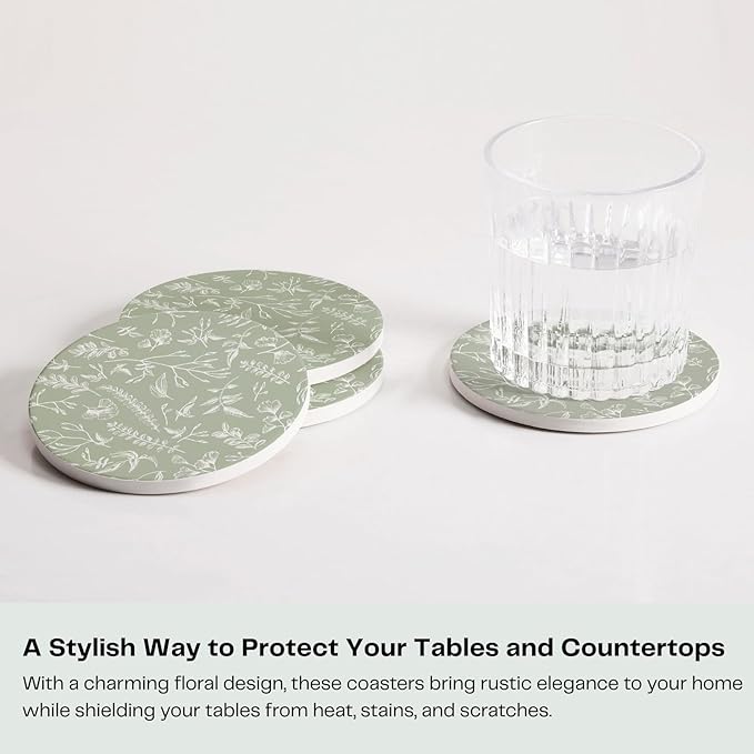 Set of 6 Floral Sage Green Coasters with Holder, Absorbent Ceramic Drink Coasters with Cork Backing for Table Protection, Coffee Table Décor