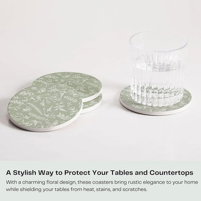 Set of 6 Floral Sage Green Coasters with Holder, Absorbent Ceramic Drink Coasters with Cork Backing for Table Protection, Coffee Table Décor