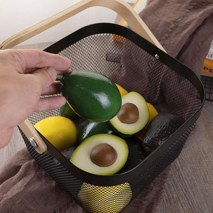 IBWell Square Metal Wire Woven Fruit Storage Bowl Basket with Wooden Handle, Large Black Mesh Fruit Stand, Multi-function Hanging Kitchen Baskets (Black, Nomal 2PCS)