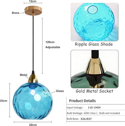 20cm/7.9’’ Industrial Vintage Spherical Glass Pendant Light, E26 Ceiling Hanging Lamp, Gold Finish & Ripple Glass Globe Shade, Dining Room Bedroom Chandelier (Azure Blue)